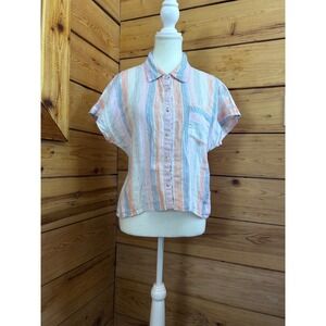 100% Linen Stripe Button Shirt Cottagecore Summer Top Womens Small Short Sleeve